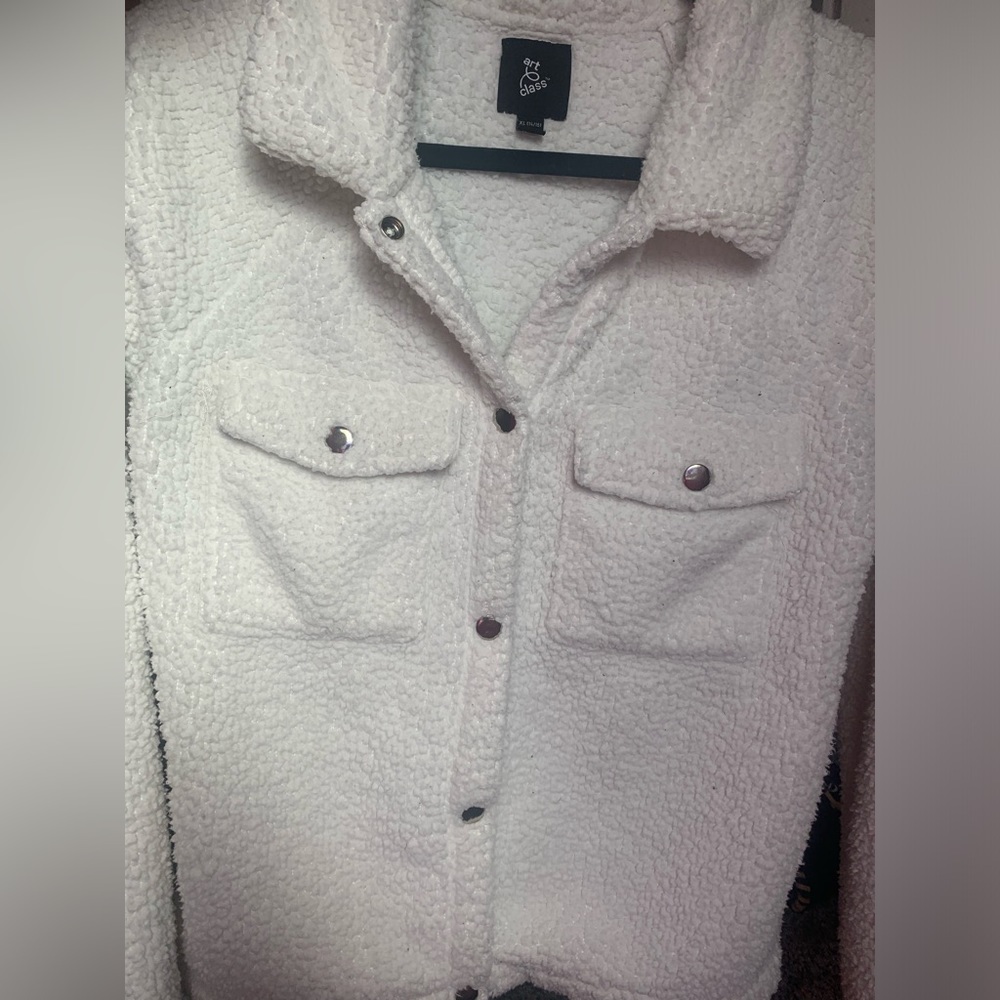 Art Class Girls Teddy Snap On Buttons Pockets Jacket White - Picture 2 of 3